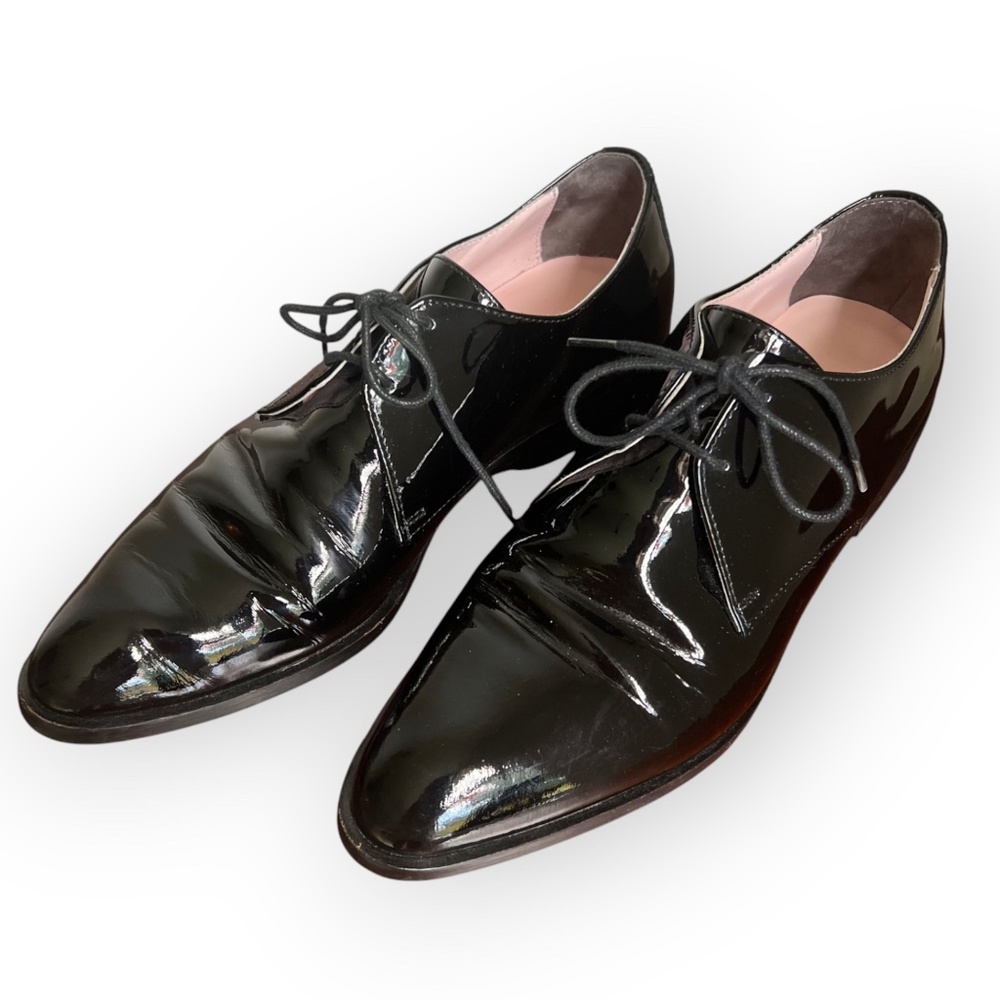 Everlane Italian Size 7.5 Black Patent Leather Lace Up Cushioned Tuxedo Shoes